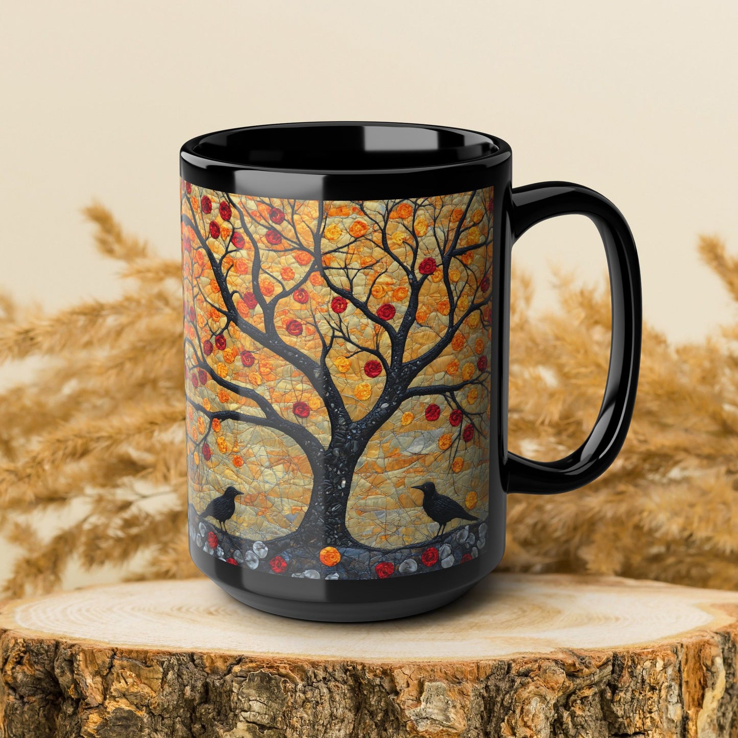Autumn Apple Tree Art Mug | Black Ceramic Coffee Cup