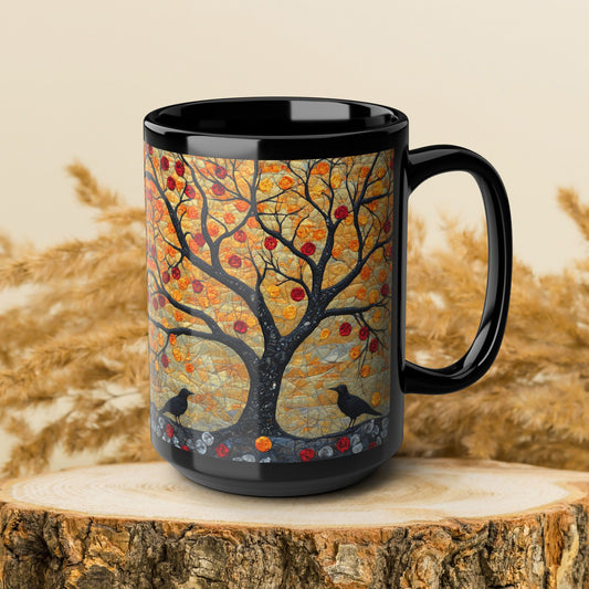 Autumn Apple Tree Art Mug | Black Ceramic Coffee Cup