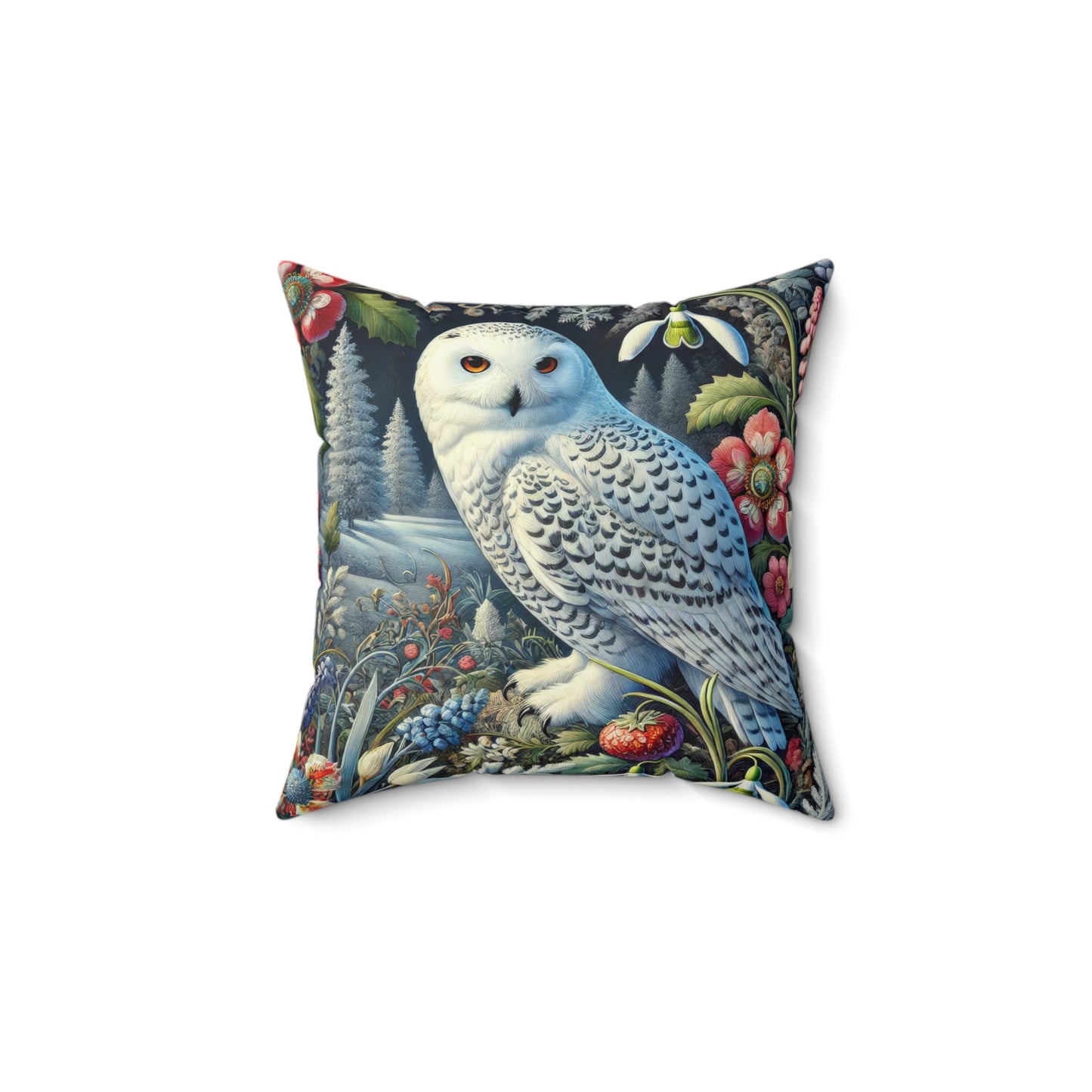 William Morris Inspired Woodland Snowy Owl Winter flowers Decorative Pillow