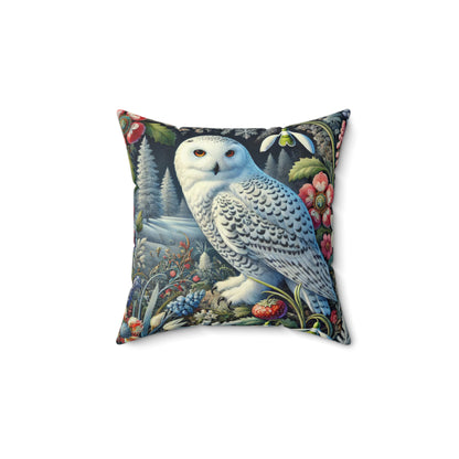 William Morris Inspired Woodland Snowy Owl Winter flowers Decorative Pillow