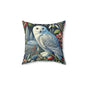 William Morris Inspired Woodland Snowy Owl Winter flowers Decorative Pillow