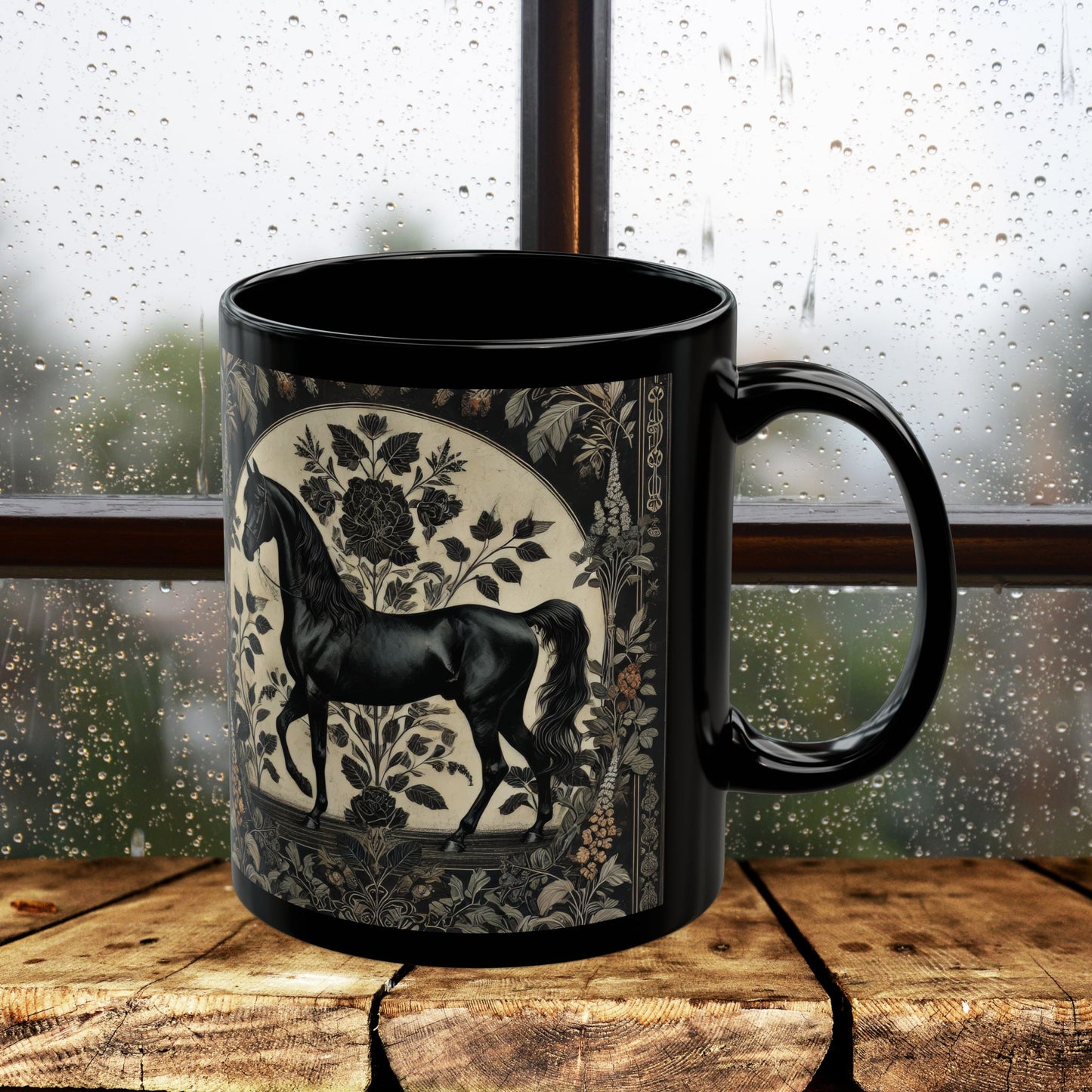 Botanicals Arabian Black Horse William Morris Inspired Black Coffee Cup 11oz, 15oz