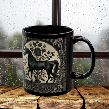 Botanicals Arabian Black Horse William Morris Inspired Black Coffee Cup 11oz, 15oz