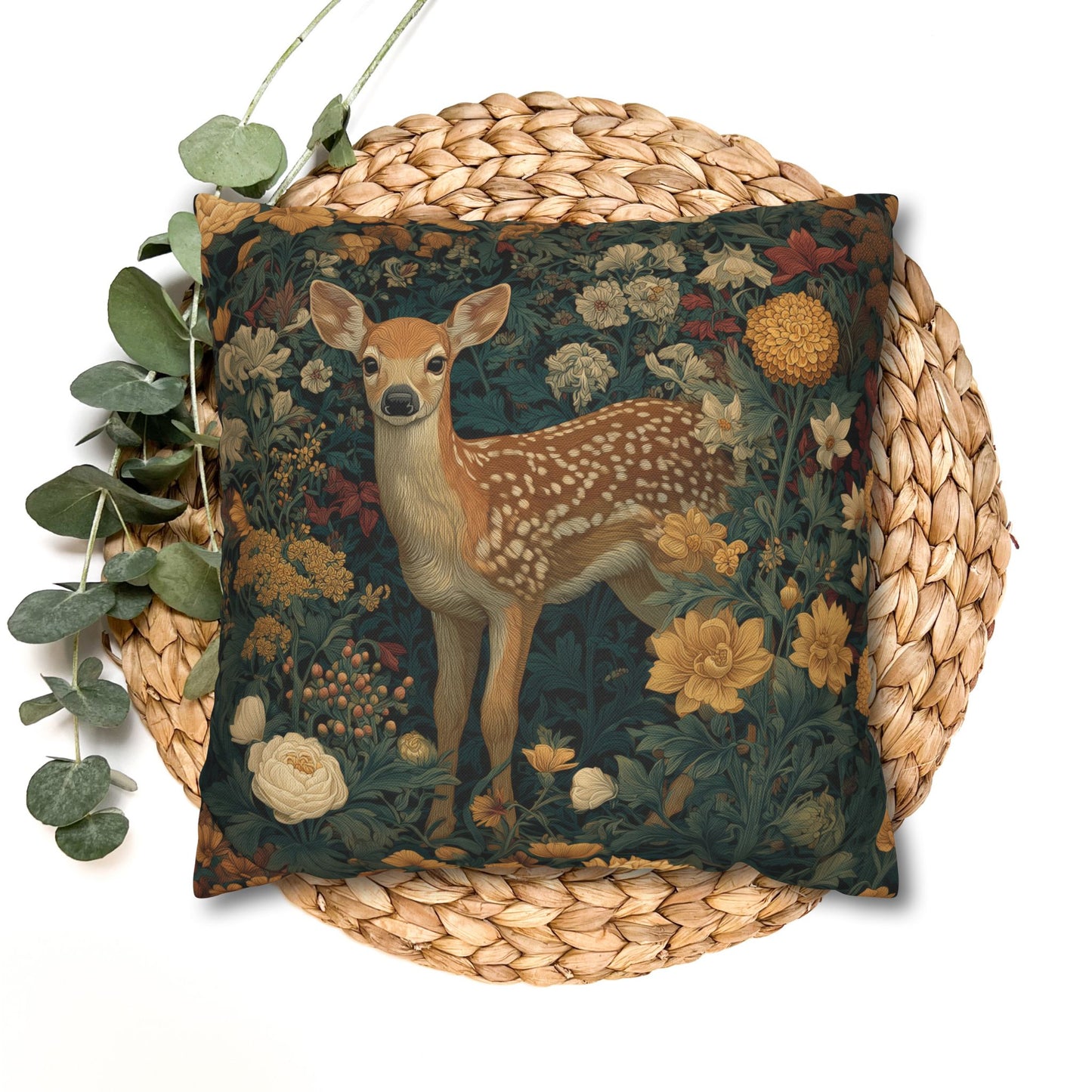 Poly Woodland Fawn Floral Pillowcase, William Morris Style Baby Deer Botanical Decorative Cushion