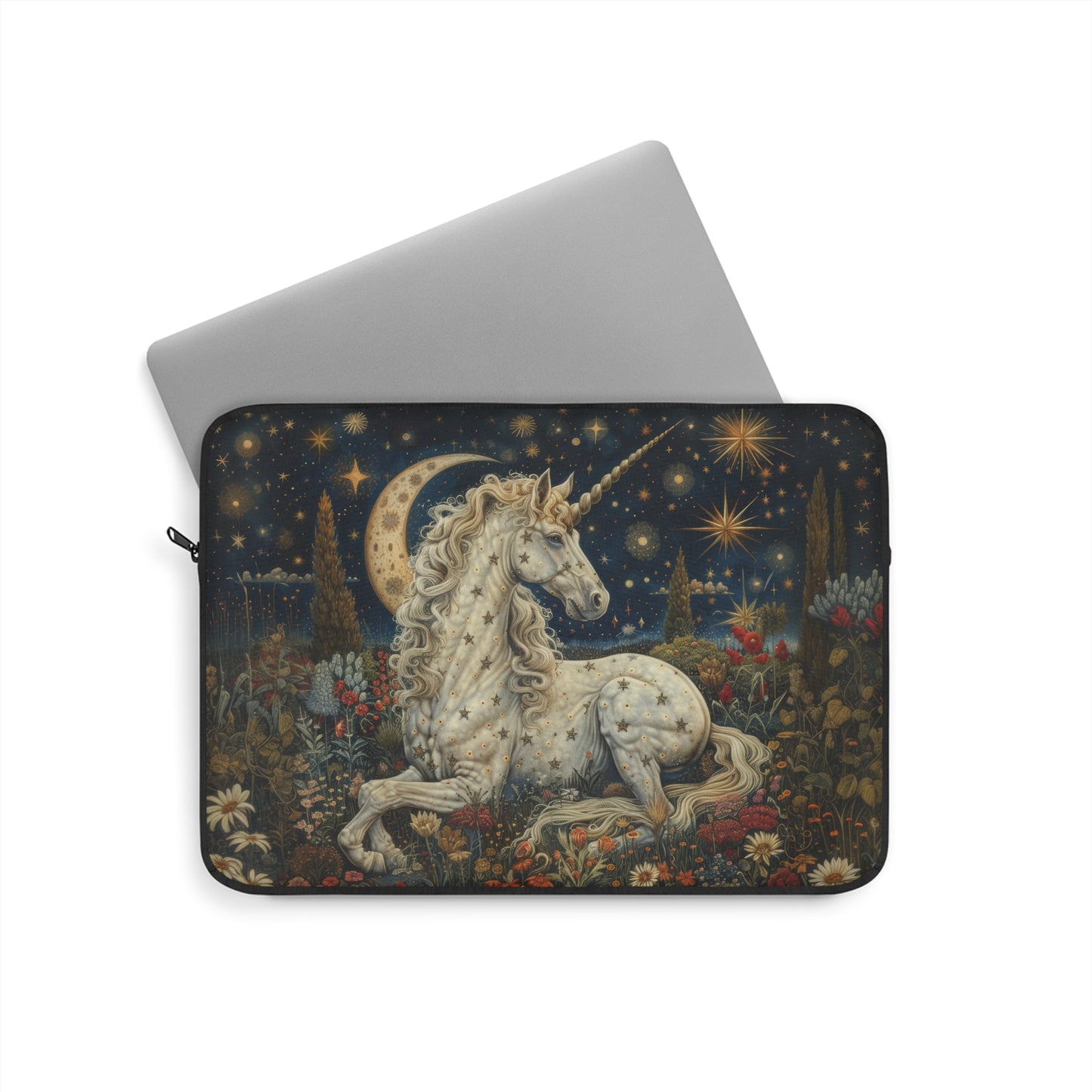Celestial Unicorn Laptop Sleeve, Starry Night Fantasy Art Case, Mystical Moon & Floral Design Laptop Cover