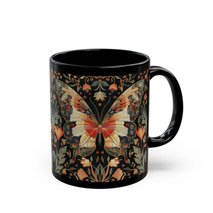 Enchanting Butterfly in the Style of William Morris, Woodland Blossoms Floral Botanical Design Black Mug 11oz, 15 oz