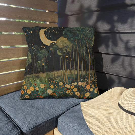 Moonlit Forest Outdoor Pillow, Night Landscape Throw Pillow, Celestial Woodland Cushion, Whimsical Nature Accent Pillow, Cottagecore Decor, Starry Night Patio Pillow