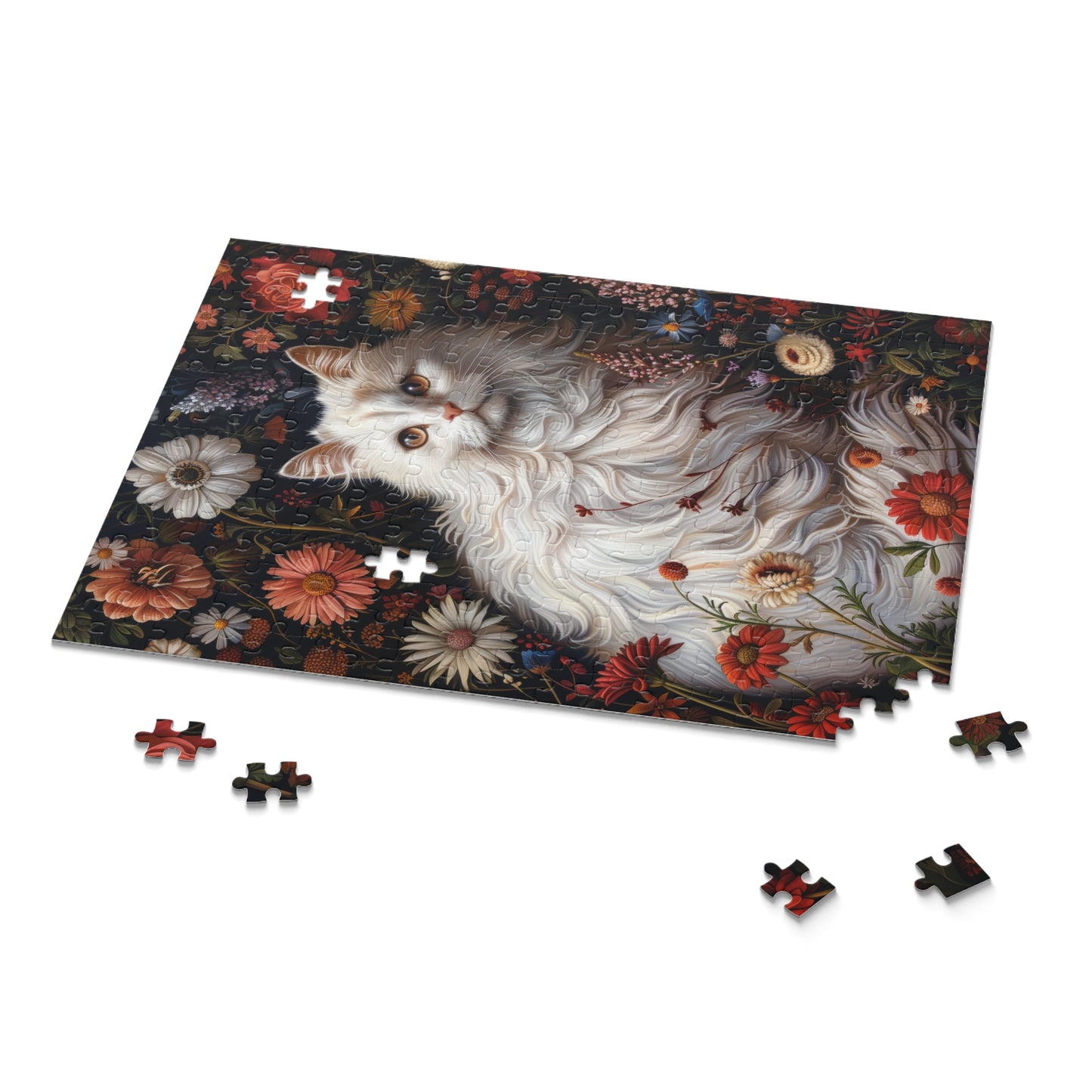 William Morris Inspired Botanical White Persian Cat Jigsaw Puzzle Box (120, 252, 500-Piece)