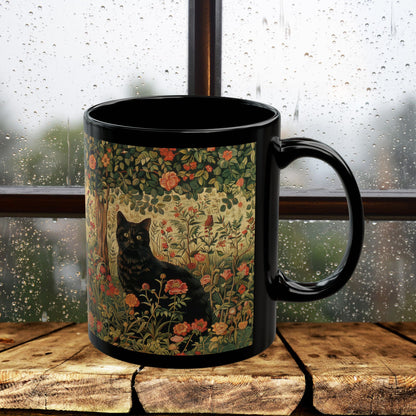 Black Cat Floral Mug, William Morris Style Botanical Cat Coffee Mug, Dark Academia Black Ceramic Mug 11oz & 15oz