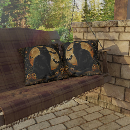 Halloween Black Cat Outdoor Pillow, Spooky Moon Throw Pillow, Pumpkin Cat Cushion, Gothic Fall Decor, Patio Accent Pillow