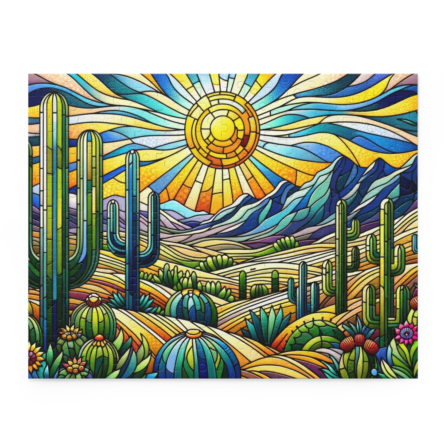 Cactus Dessert Scene Stained Glass Jigsaw Puzzle Box (120, 252, 500-Piece) Adult Jigsaw Puzzle, Gift Him Her