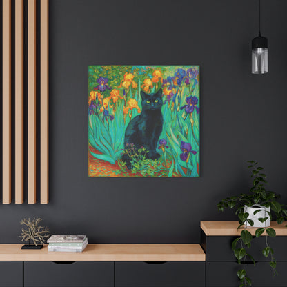 Black Cat Among Irises, Vibrant Floral Canvas Wall Art, Matte Stretched Canvas 1.25"