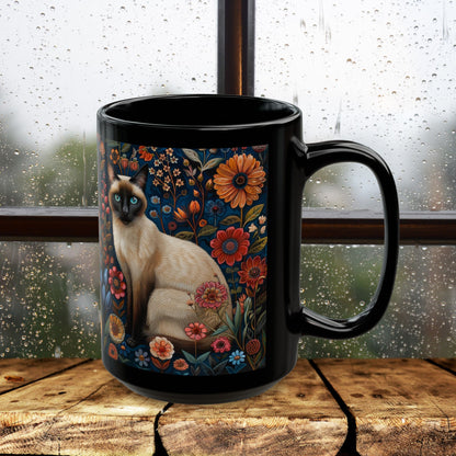 Siamese Cat Coffee Mug: William Morris Floral Design, Black Ceramic (11oz, 15oz)