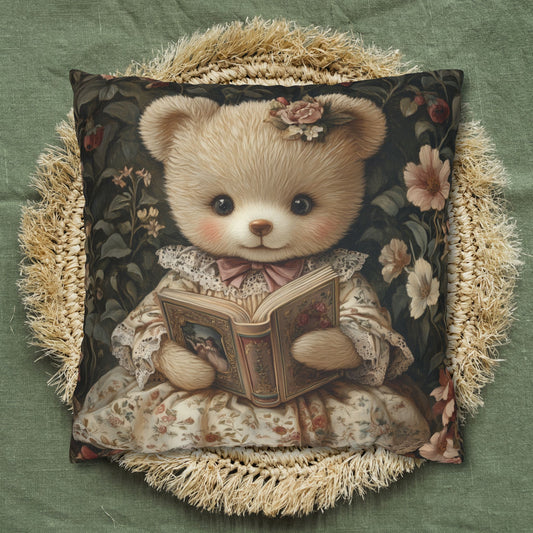William Morris Inspired Teddy Bear Reading Pillowcase, Vintage Storybook Bear Cushion, Floral Cottagecore Square Pillow
