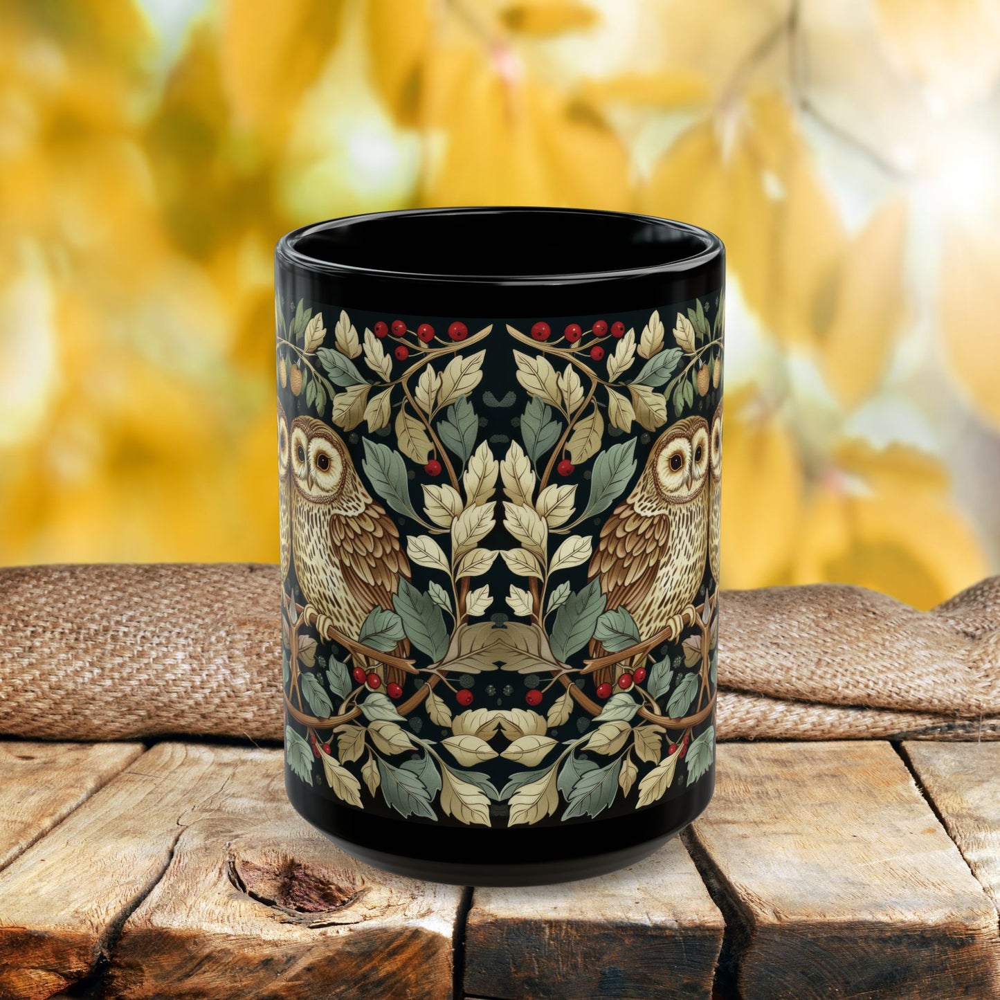 Owl Couple Coffee Mug, William Morris Inspired Woodland Romance Black Ceramic Cup (11oz, 15oz)