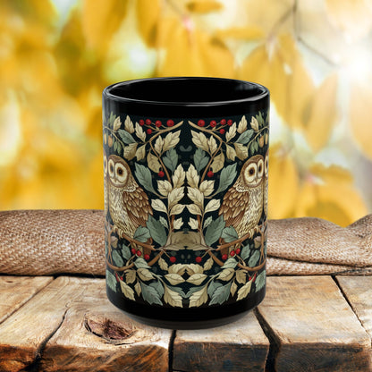 Owl Couple Coffee Mug, William Morris Inspired Woodland Romance Black Ceramic Cup (11oz, 15oz)