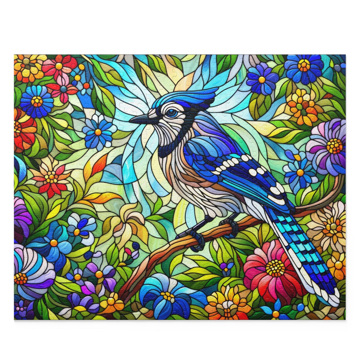 Stained glass Blue Jay Bird Spring Flower Jigsaw Puzzle Box (120, 252, 500-Piece) Adult Jigsaw Puzzle, Gift Him Her
