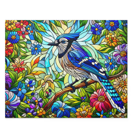 Stained glass Blue Jay Bird Spring Flower Jigsaw Puzzle Box (120, 252, 500-Piece) Adult Jigsaw Puzzle, Gift Him Her