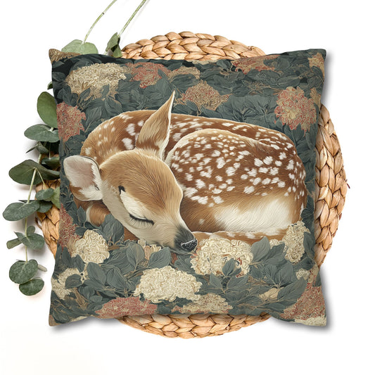 Sleeping Fawn Pillowcase, Woodland Baby Deer Cushion, Cottagecore Floral Throw