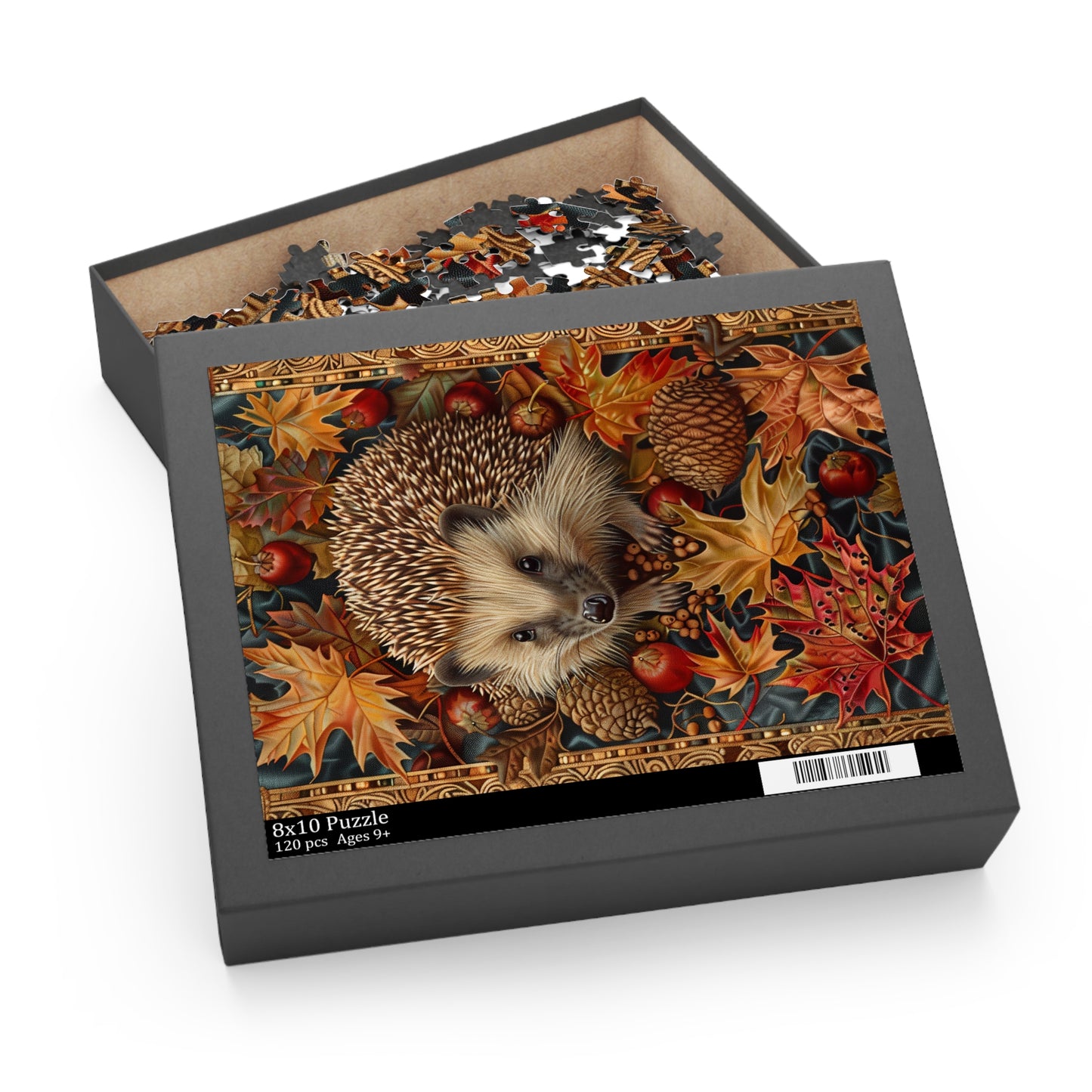 Hedgehog Fall Leaves William Morris Inspired Puzzle Box (120, 252, 500-Piece) Family Jigsaw Puzzle, Puzzle Box Gift