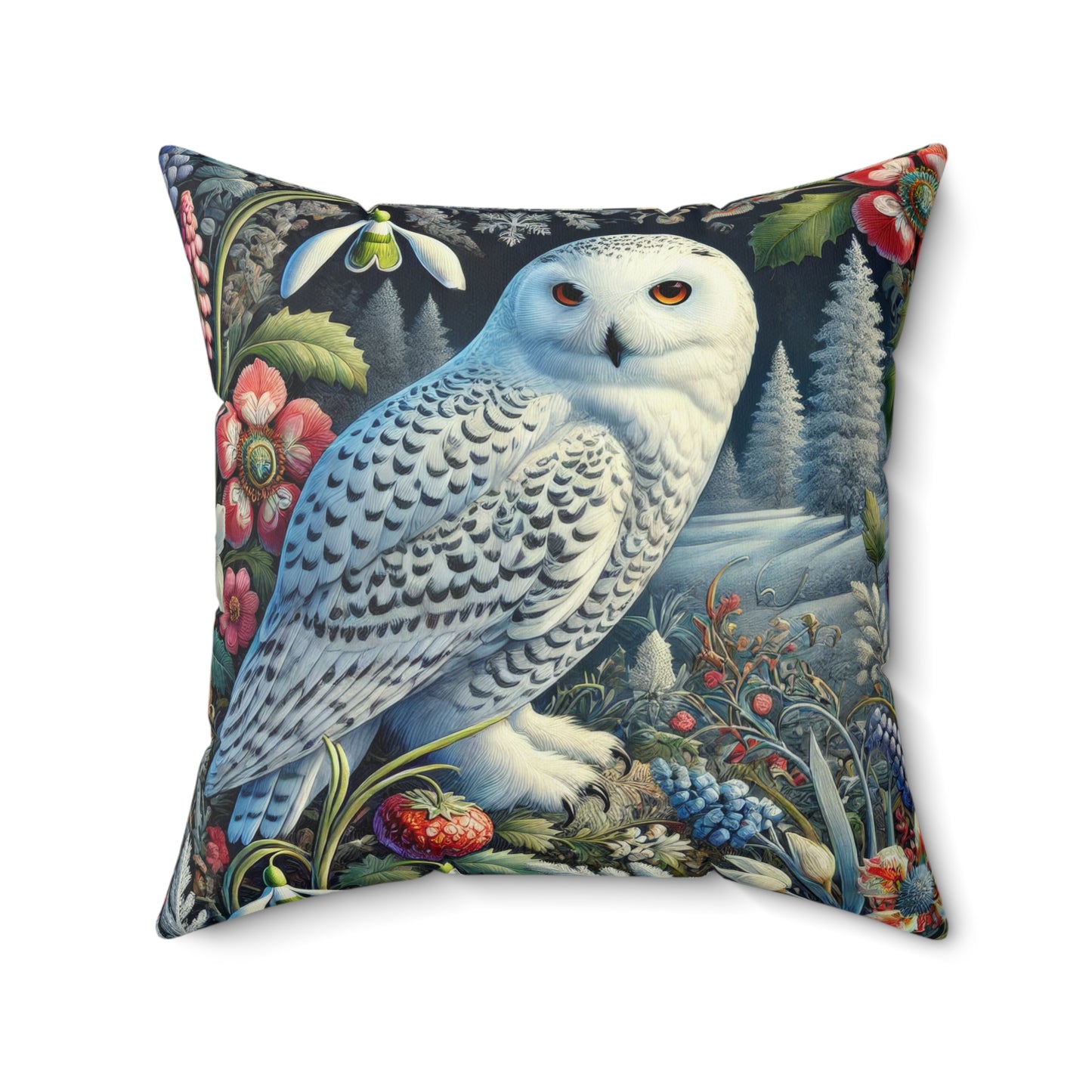 William Morris Inspired Woodland Snowy Owl Winter flowers Decorative Pillow