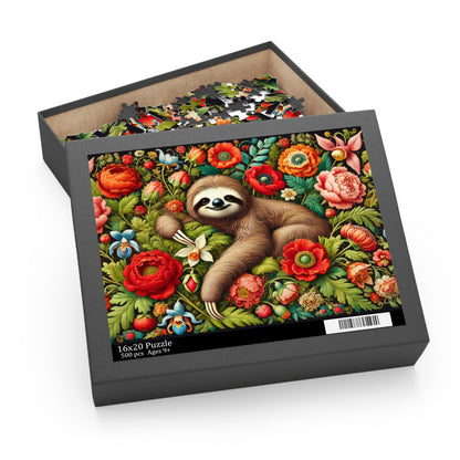 William Morris Inspired Cozy Sloth Floral Puzzle (120, 252, 500-Piece) Fun Family Activity, Nature Lover Gift, Perfect for Relaxation