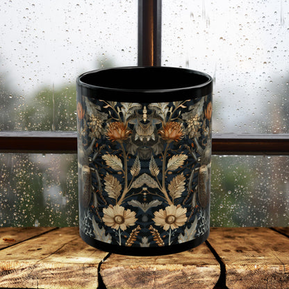 William Morris Inspired Beetle Botanicals Black Coffee Mug (11oz, 15 oz) Insect Lover Gift, Nature Garden Decor