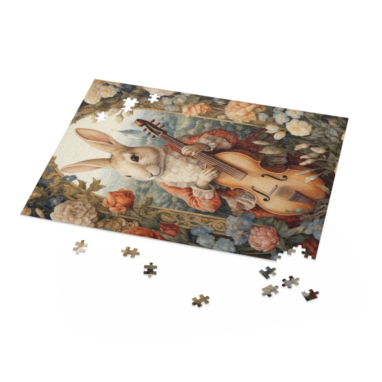 William Morris Inspired Victorian Rococo Rabbit Plays The Cello  Jigsaw Puzzle (120, 252, 500-Piece)