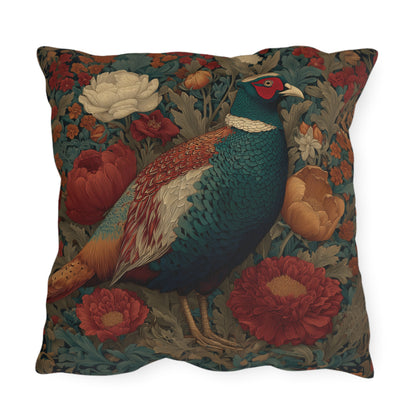 Pheasant & Peony Outdoor Pillow, Dark Academia Floral Botanical Cushion