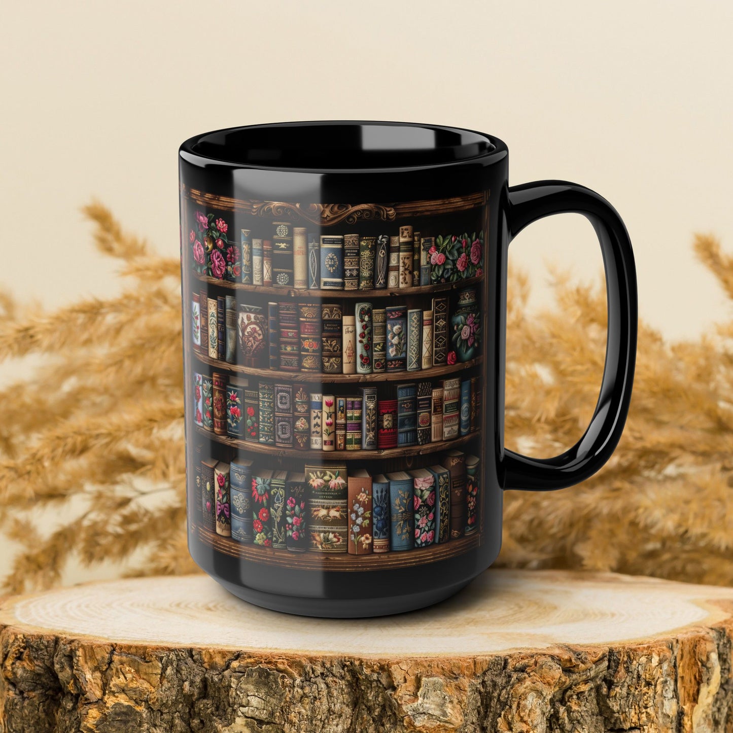 Victorian Bookshelf Mug, Vintage Bookshelf black Mug, Dark Academia Gift Idea, Book Lover Cup 11oz,15oz Botanical Books