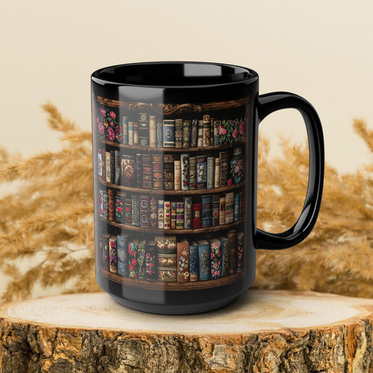 Victorian Bookshelf Mug, Vintage Bookshelf black Mug, Dark Academia Gift Idea, Book Lover Cup 11oz,15oz Botanical Books