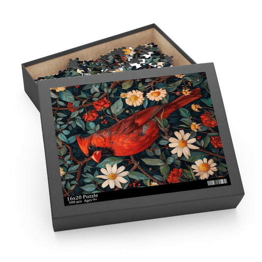 Cardinal Daisies William Morris Inspired Jigsaw Puzzle Box | Cottage-core Art Nouveau Puzzle (120, 252, 500 piece)