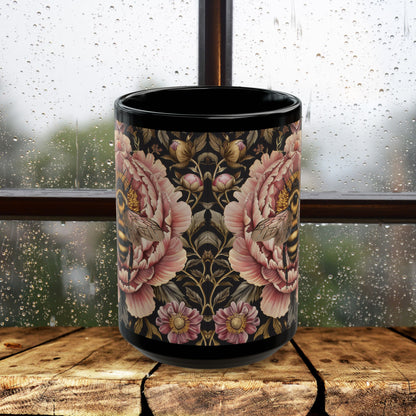 William Morris Inspired Bumblebee Pink Peony Black Coffee Mug For Her Him Ceramic Mug Black Mug 11oz, 15oz