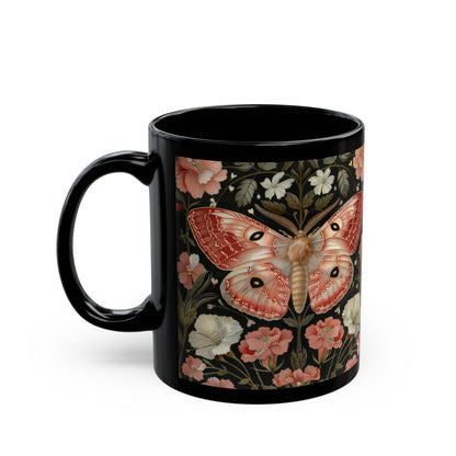 Woodland Pink Primrose Moth William Morris Inspired Black Coffee Mug For Her Him Ceramic Mug Black Mug 11oz, 15oz