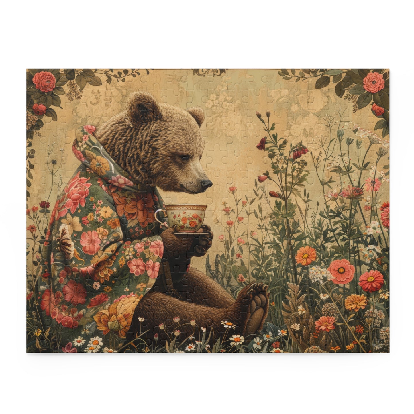 Tea Time Bear Wildflower in William Morris Style (120, 252, 500-Piece) Adult Jigsaw Puzzle, Gift Him Her