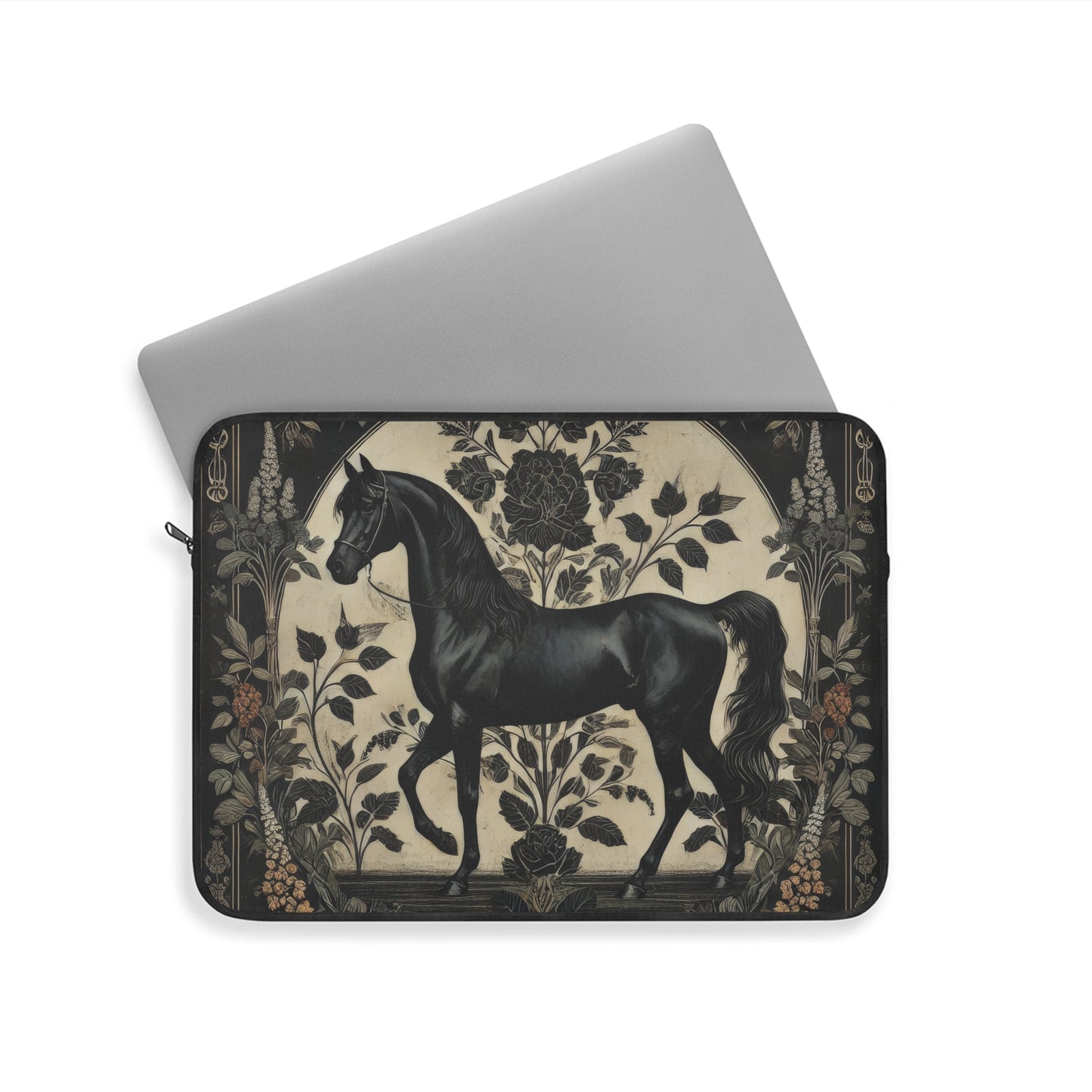 Black Stallion Laptop Sleeve, William Morris Inspired Vintage Horse Art Case, Elegant Floral Laptop Cover (12”, 13”, 15”)