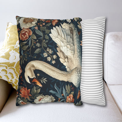 Botanical Swan Pillowcase: William Morris Style Decorative Throw Pillow