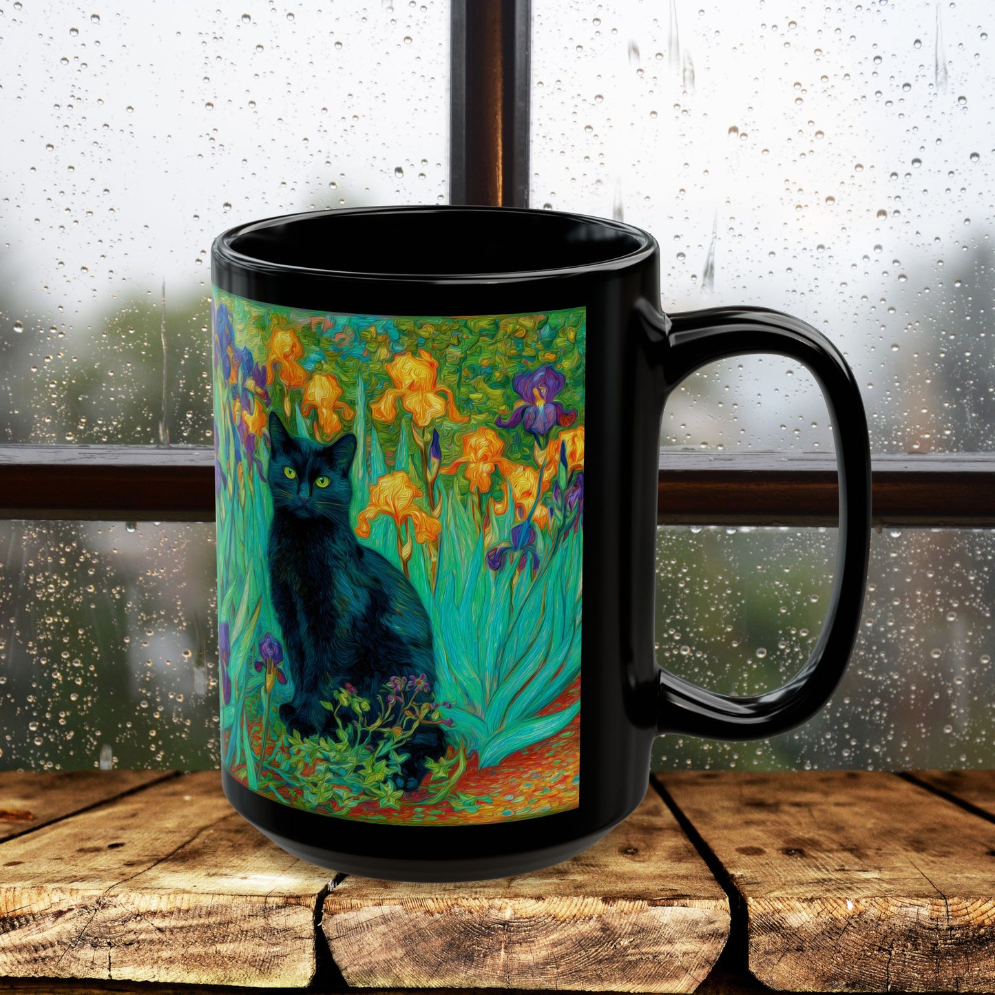 Black Cat Iris Mug, Van Gogh Inspired Cat Art Mug, Colorful Impressionist Floral Black Ceramic Mug, Artistic Cat Lover Gift, 11oz & 15oz