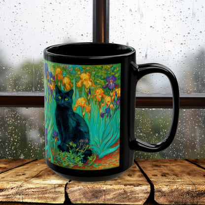 Black Cat Iris Mug, Van Gogh Inspired Cat Art Mug, Colorful Impressionist Floral Black Ceramic Mug, Artistic Cat Lover Gift, 11oz & 15oz