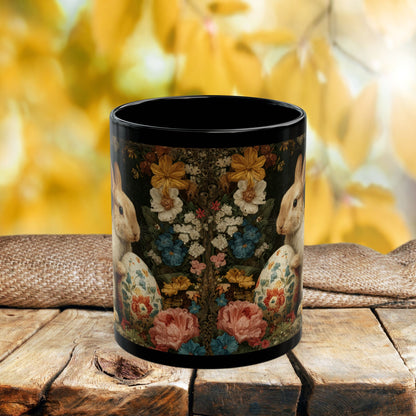Easter Bunny Floral Black Mug, Vintage Rabbit & Painted Egg Coffee Cup (11oz/15oz)