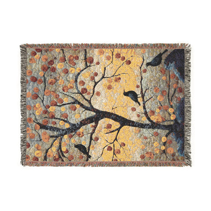 Autumn Ravens & Golden Tree Woven Cotton Blanket, Cozy Fall Nature Throw