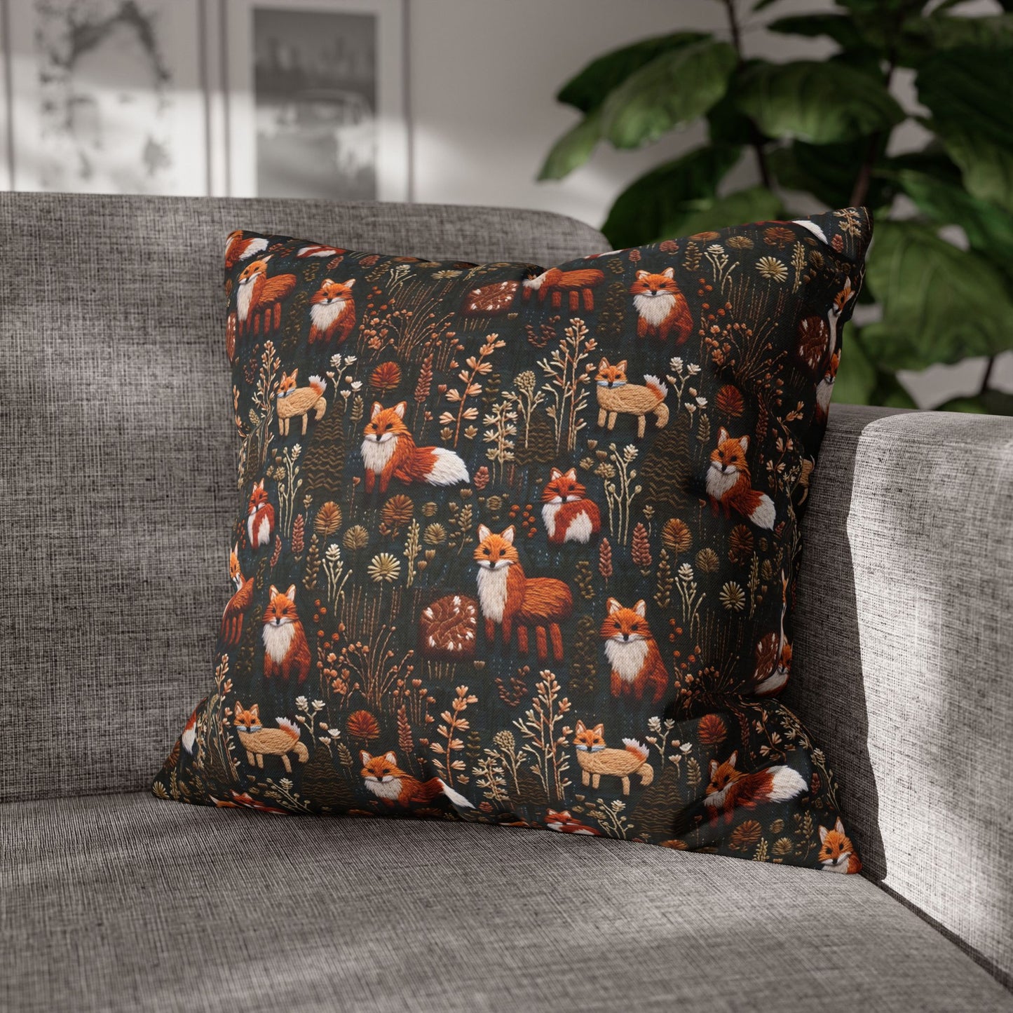 Woodland Foxes Embroidery-Style Pillowcase