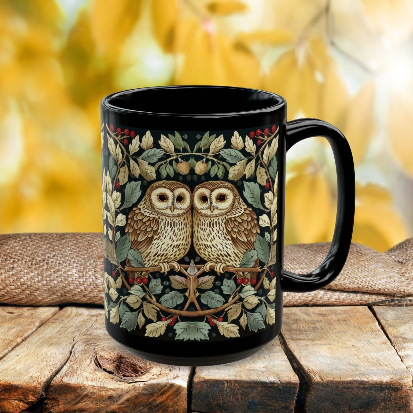 Owl Couple Coffee Mug, William Morris Inspired Woodland Romance Black Ceramic Cup (11oz, 15oz)