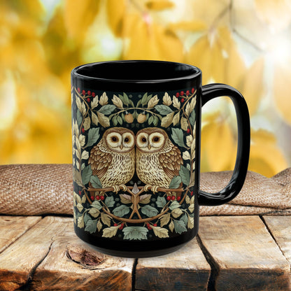 Owl Couple Coffee Mug, William Morris Inspired Woodland Romance Black Ceramic Cup (11oz, 15oz)