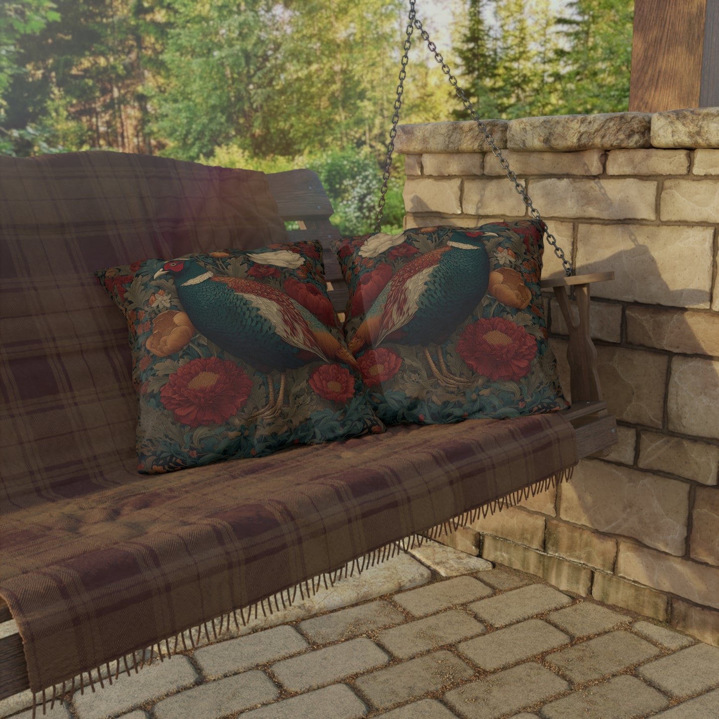 Pheasant & Peony Outdoor Pillow, Dark Academia Floral Botanical Cushion
