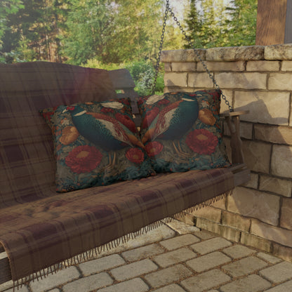 Pheasant & Peony Outdoor Pillow, Dark Academia Floral Botanical Cushion