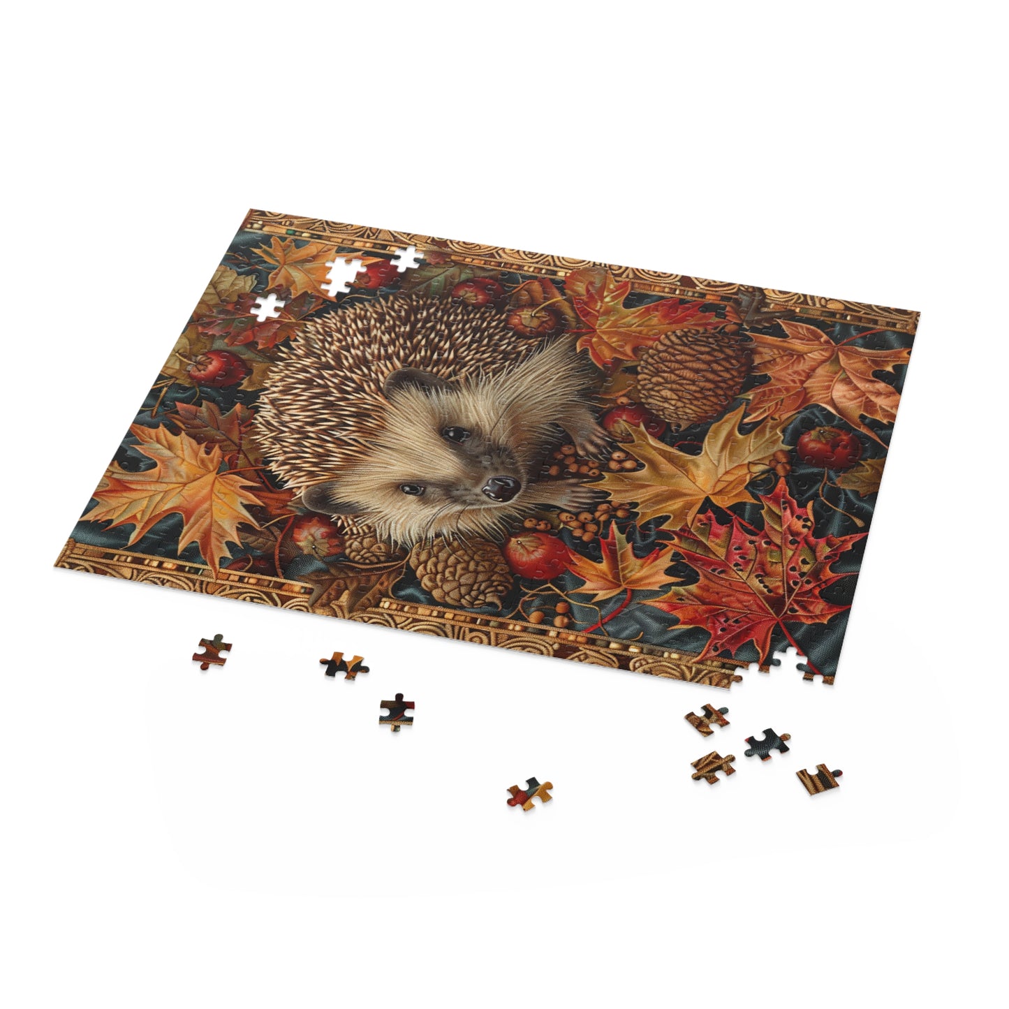 Hedgehog Fall Leaves William Morris Inspired Puzzle Box (120, 252, 500-Piece) Family Jigsaw Puzzle, Puzzle Box Gift