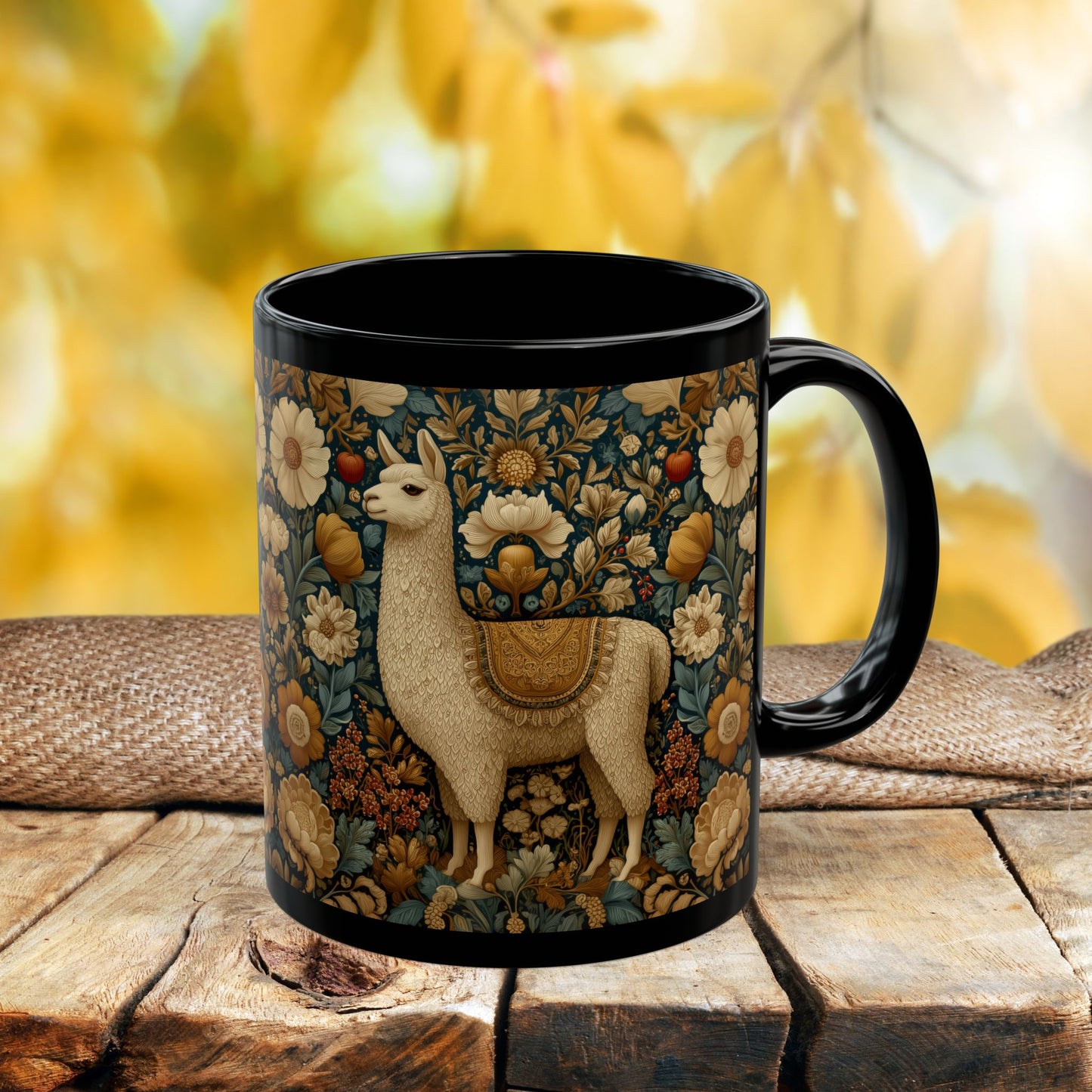 Vintage Floral Llama Mug | Black Ceramic Coffee Cup