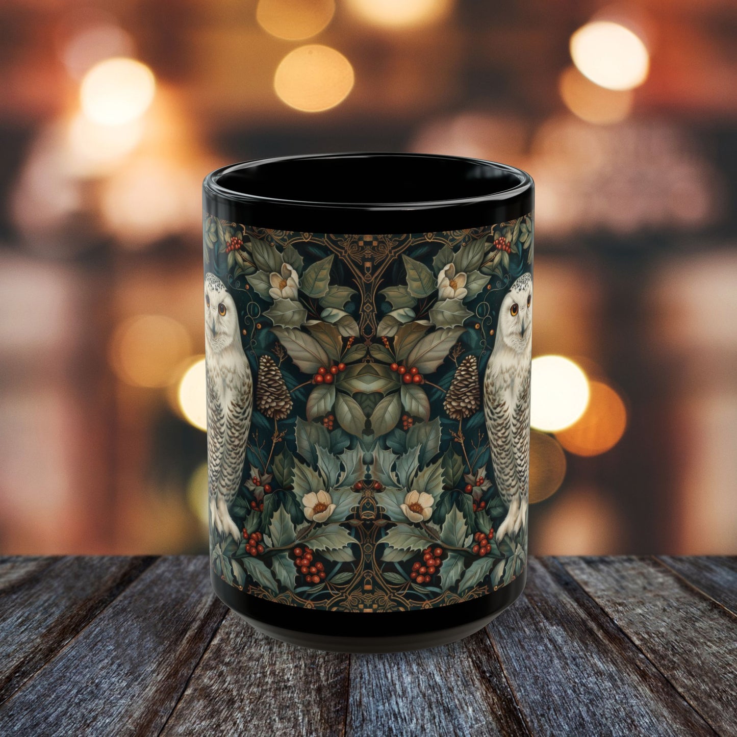 Snowy Owl Winter Mug: Black Ceramic Holiday Coffee Cup (11oz,15oz)