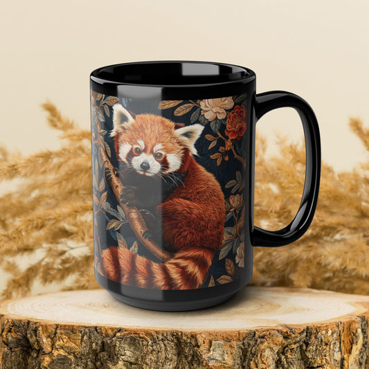 Red Panda Black Mug: William Morris Inspired Forest Design (11oz, 15oz)